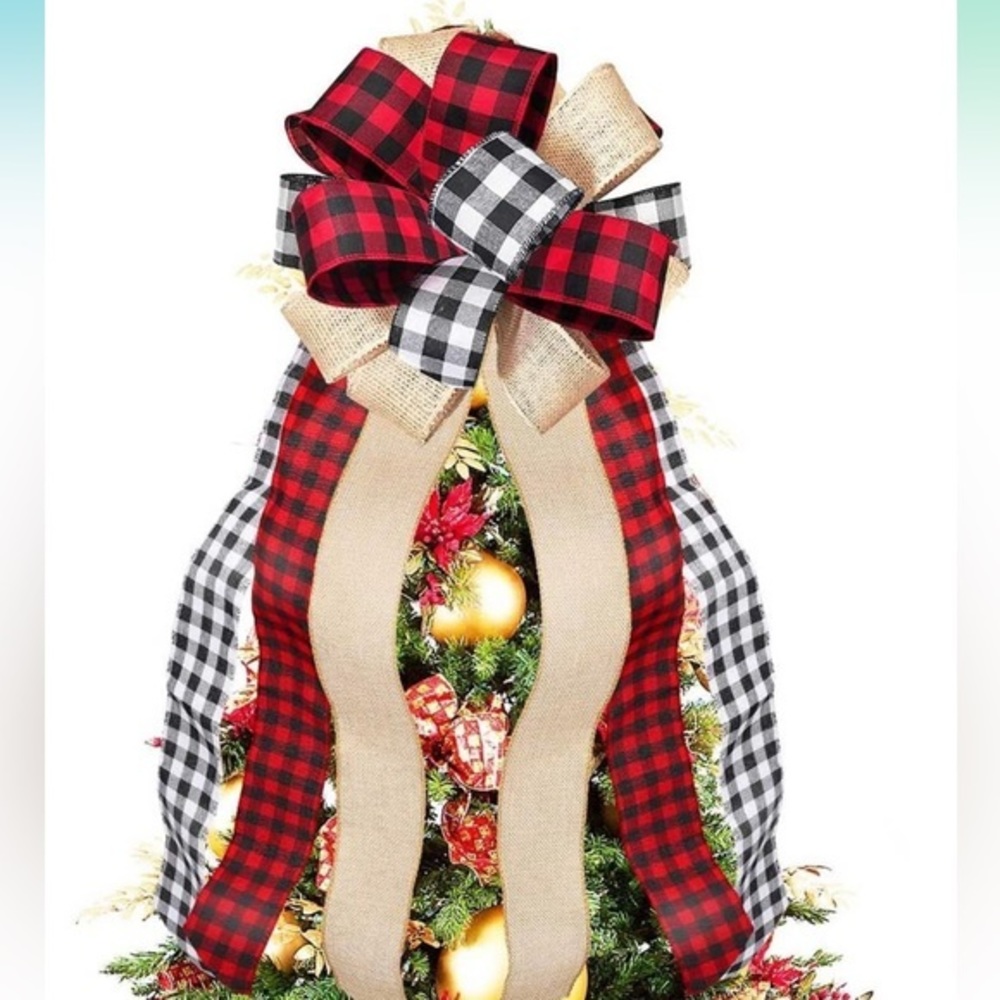 Christmas Tree Topper Buffalo Plaid Decorative Bow,Handmade Farmhouse Large